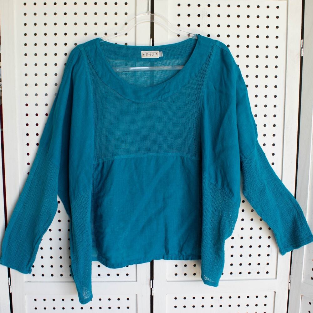 Bodil Womens SIZE OS Lagenlook Boho Turquoise Linen Top